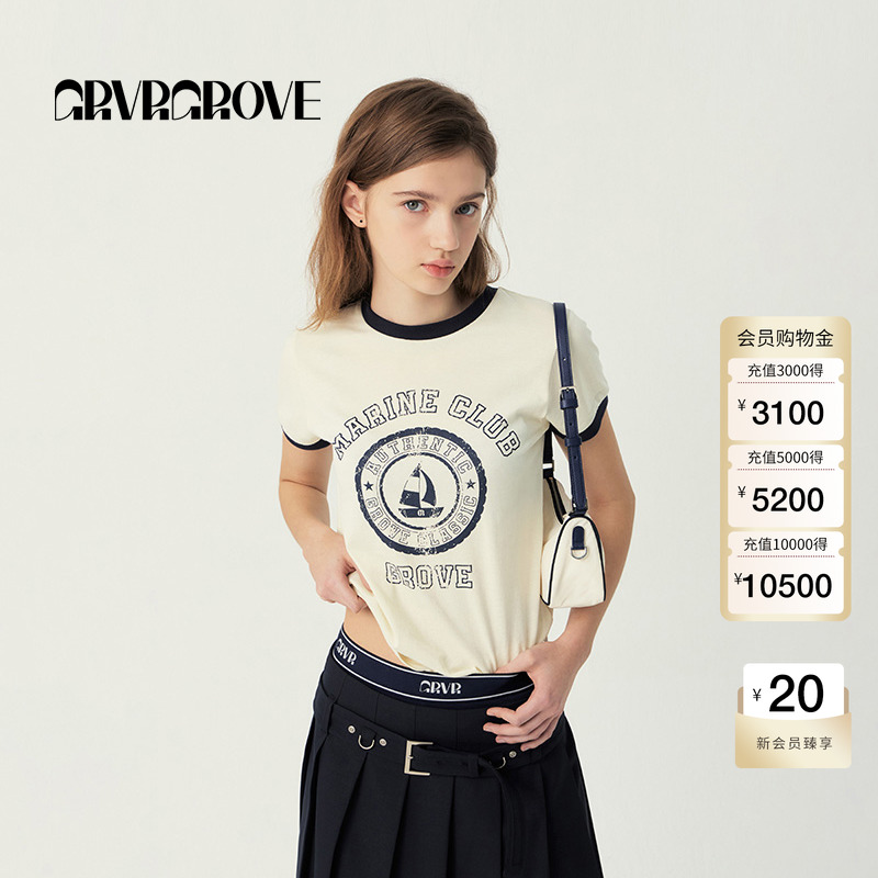 GROVE官方旗舰店2025SS春夏新款女士撞色帆船短袖t恤GS5TS16M