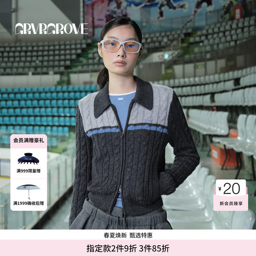 GROVE官方旗舰店 WT冬季款拼色短款毛衣开衫撞色女GCW5KN06