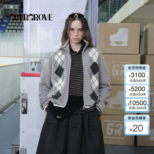 毛织开衫 GROVE官方旗舰店 长袖 新款 菱格纹外套GCW5KN05 2025WT冬季