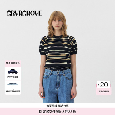 GROVE官方旗舰店PS春季款女条纹针织T恤衫圆领短袖GS5KN11J