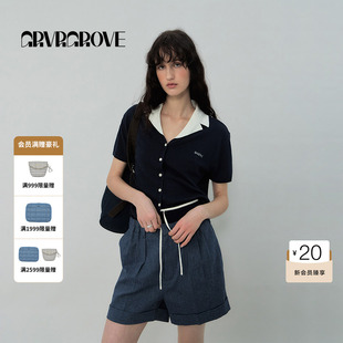 GROVE官方旗舰店2025SS春夏翻驳领撞色针织衫 GS5KNJ 女开衫