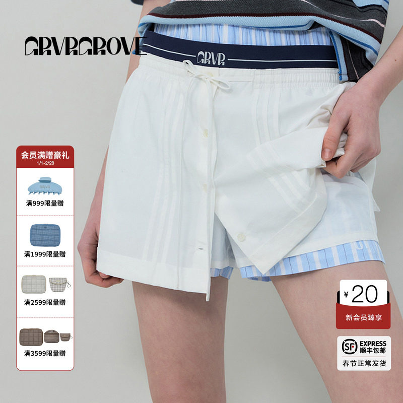 GROVE官方旗舰店2025春夏款GRVR橡筋腰梭织裙裤海军风G