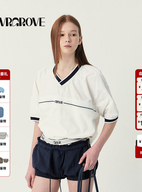 GROVE官方旗舰店2025SS春夏新款女士V领梭织短袖套头t恤GS5TS10M