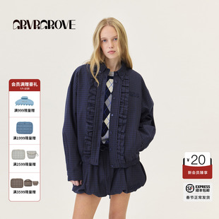 GROVE官方旗舰店2026PS春季新款格纹衬衫外套花边装饰 GP26JKC61