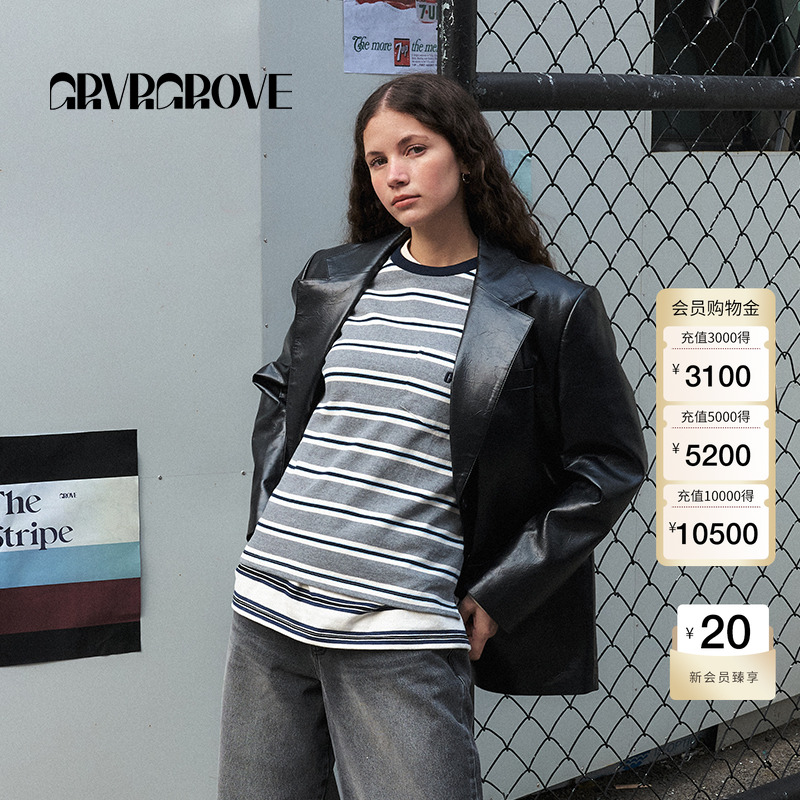 GROVE官方旗舰店2025PS春季新款PU西装复古廓形外套女 GS5JK01M