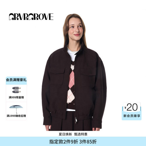 GROVE官方旗舰店女士秋季款复古老钱风夹克梭织短款外套女装