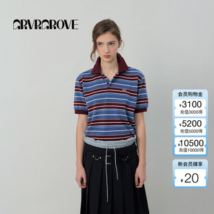 宽松上衣女GS5TS31M POLO衫 GROVE官方旗舰店2025春夏新款 条纹短袖