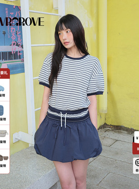GROVE官方旗舰店2025BS夏季款女条纹短袖复古撞色t恤BM5TS04M