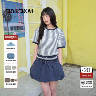 GROVE官方旗舰店2025BS夏季款女条纹短袖复古撞色t恤BM5TS04M