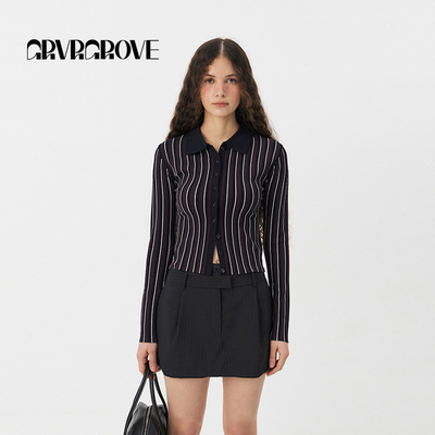 GROVE官方旗舰店PS春季款明星同款条纹针织开衫女GS5KN13C