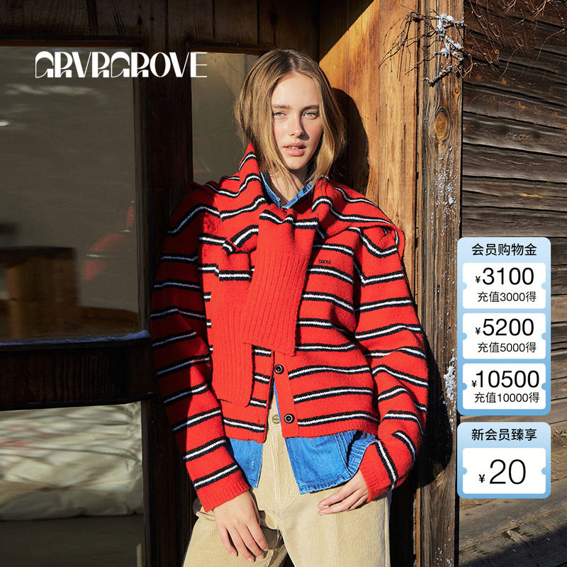 GROVE官方旗舰店冬季新款女士条纹毛织披肩复古休闲撞色围巾