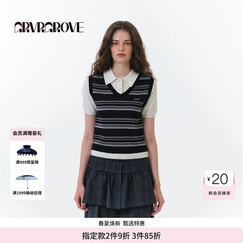 GROVE官方旗舰店FW秋季款假两件撞色毛织短袖韩系女 GF5KN09C