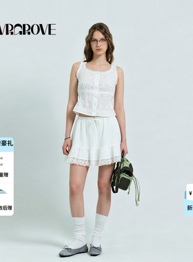 GROVE官方旗舰店2026SS春夏新款短裙百褶半身裙蕾丝边 GS26SKC60
