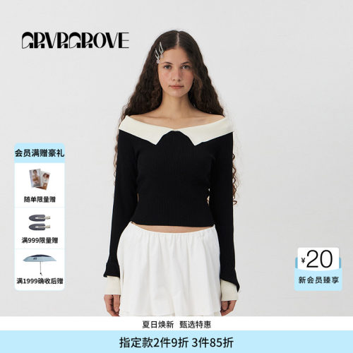 GROVE官方旗舰店PS春季款女大翻领短款针织套头衫GS5KN17C