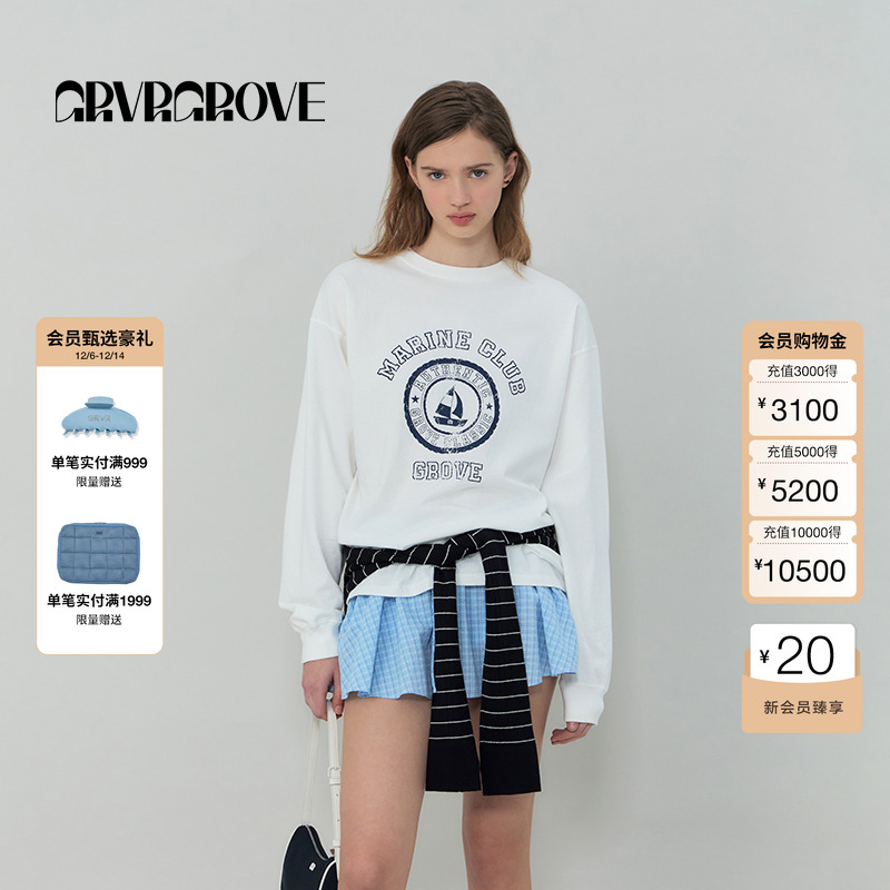 GROVE官方旗舰店2025SS春夏新款女士圆领长袖T恤GS5SW52M