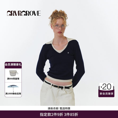 GRVR GROVE官方旗舰店FW秋季款假两件撞色毛织长袖女款GF5KN05C
