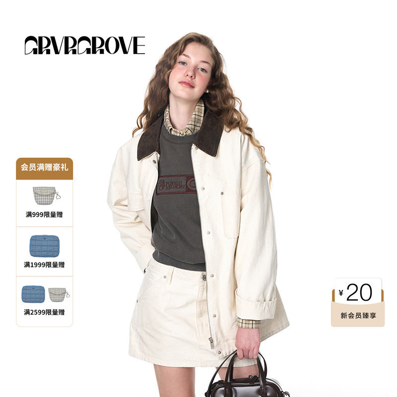 GROVE官方旗舰店女秋季水洗做旧牛仔工装夹克学院风外套GF4J