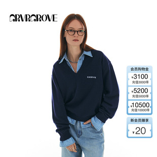 针织毛衣 休闲纯色V领字母刺绣羊毛长袖 GROVE官方旗舰店女春季 新款