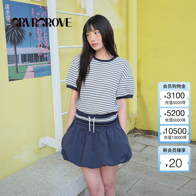 GROVE官方旗舰店2025BS夏季新款女条纹短袖复古撞色t恤BM5TS04M