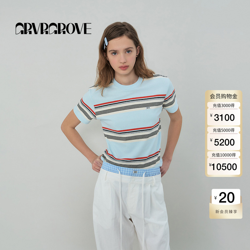 GROVE官方旗舰店2025SS春夏新款女士条纹圆领短袖t恤GS5TS28M