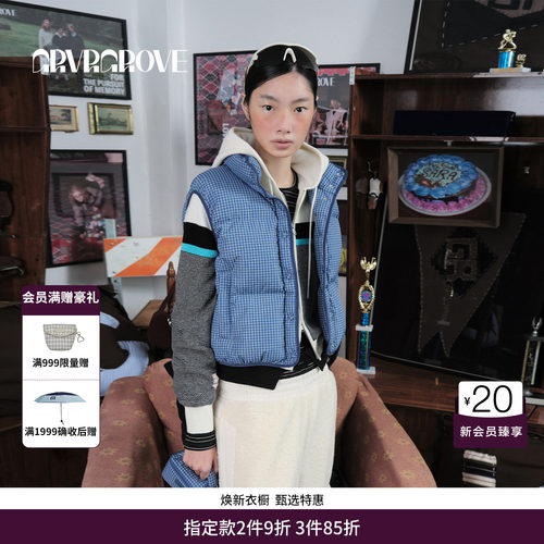 GRVR GROVE官方旗舰店 2025WT冬季款羽绒服马甲格纹外套GCW5VT01