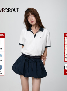 GROVE官方旗舰店2025春夏新款女撞色毛巾布短袖polo衫t恤GCM5TS03