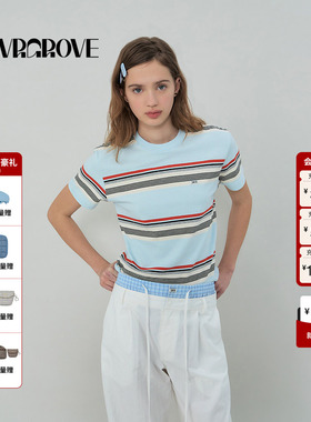 GROVE官方旗舰店2025SS春夏新款女士条纹圆领短袖t恤GS5TS28M