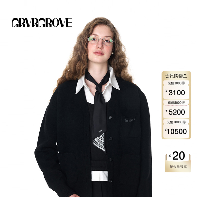 GROVE官方旗舰店女士秋季新款长袖logo字母刺绣毛织开衫外套