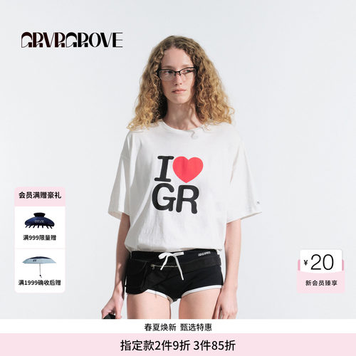 GROVE官方旗舰店HS夏日款女士爱心短袖T恤字母logo款GM5TS15M