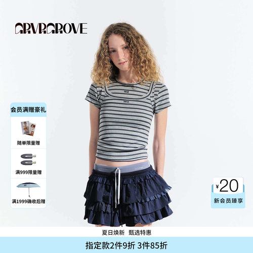 GROVE官方旗舰店夏日款女条纹短袖t恤圆领上衣修身GM5TS10M