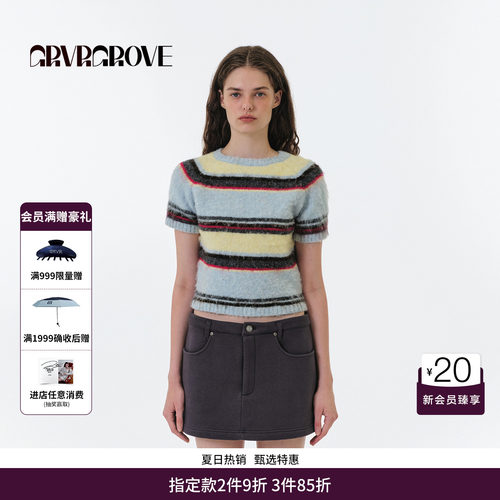 GRVR GROVE官方旗舰店 FW秋季款条纹短袖针织衫女 GF5KN26J