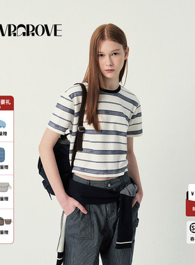 GROVE官方旗舰店2025SS春夏款女士条纹GRVR圆领短袖t恤GR5TS04C