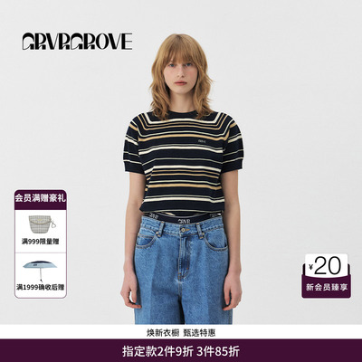 GRVR GROVE官方旗舰店PS春季款女条纹针织T恤衫圆领短袖GS5KN11J