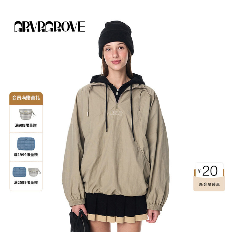 GROVE官方旗舰店秋季款套头可拆卸两件套休闲廓形卫衣 GF4J