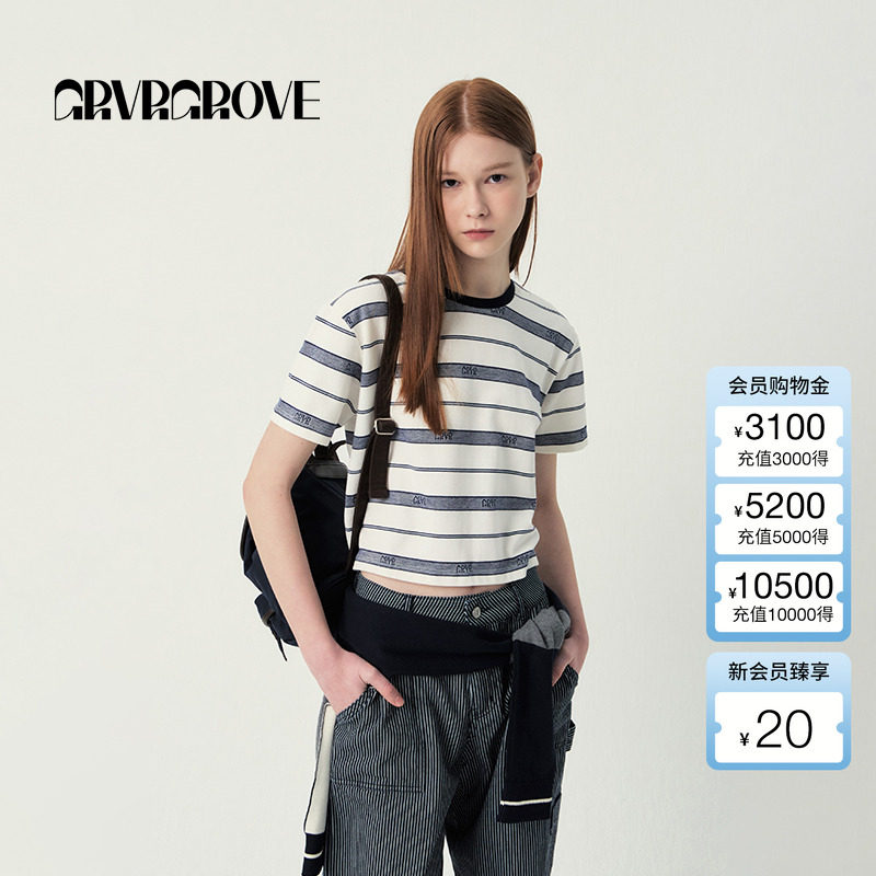 GROVE官方旗舰店2025SS春夏新款女士条纹GRVR圆领短袖t恤GR5TS04C