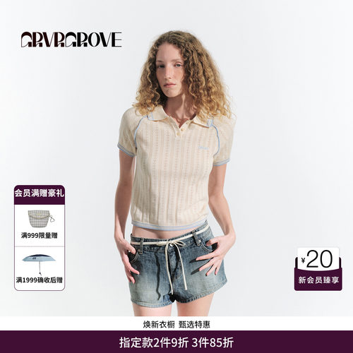 GRVR GROVE官方旗舰店夏款翻领针织短袖撞色镂空上衣女 GM5KN03M