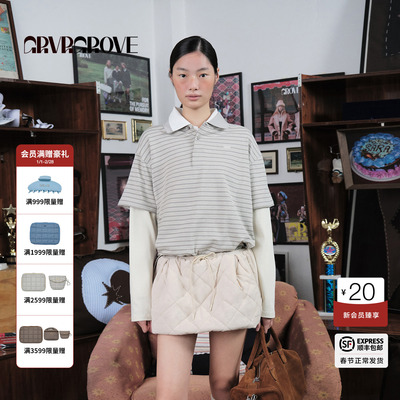 【博主同款】GROVE 2025WT冬季款假两件长袖T恤条纹女GCW5TS05