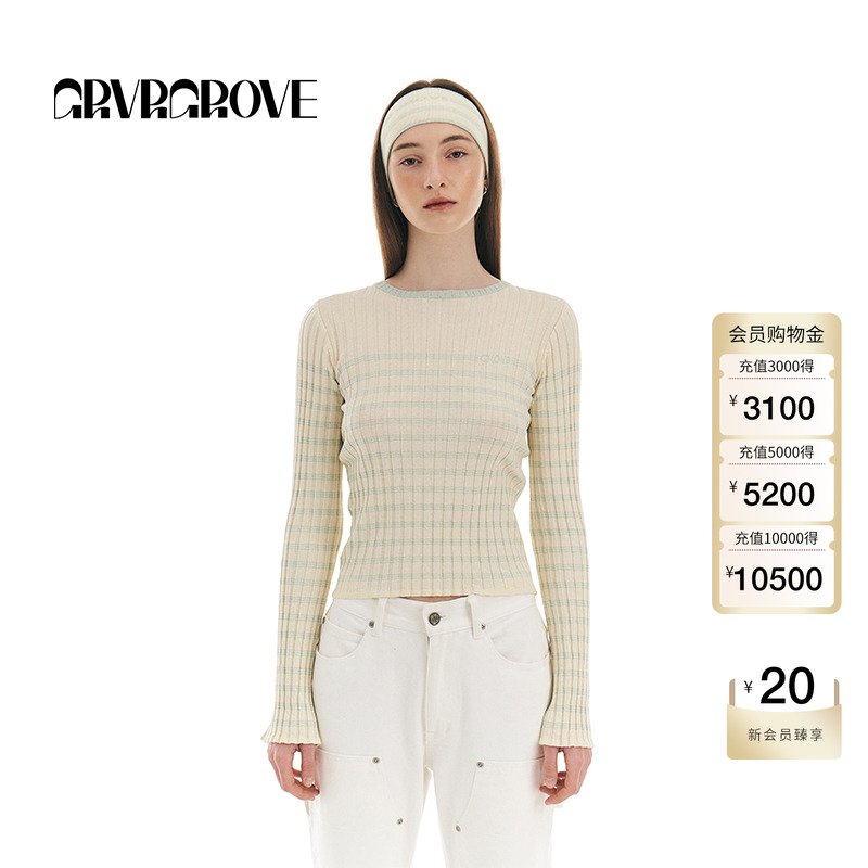 GROVE官方旗舰店女士春季新款修身条纹长袖针织衫修身打底套头衫