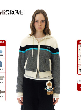 GROVE官方旗舰店 2025WT冬季新款长袖连帽毛织开衫撞色女GCW5KN03