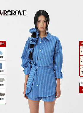 GROVE官方旗舰店2025PS春季新款女士条纹长袖韩系衬衫 GS5SH01M