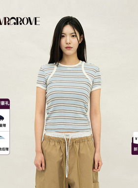 GRVR GROVE官方旗舰店2026PS春季新款短袖T恤条纹撞色女GP26TSK14