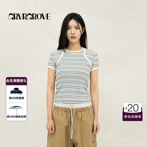 GRVR GROVE官方旗舰店2026PS春季新款短袖T恤条纹撞色女GP26TSK14