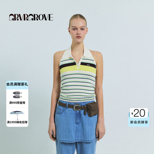GROVE官方旗舰店2026SS春夏新款韩系翻领条纹针织背心 GS26KNE12