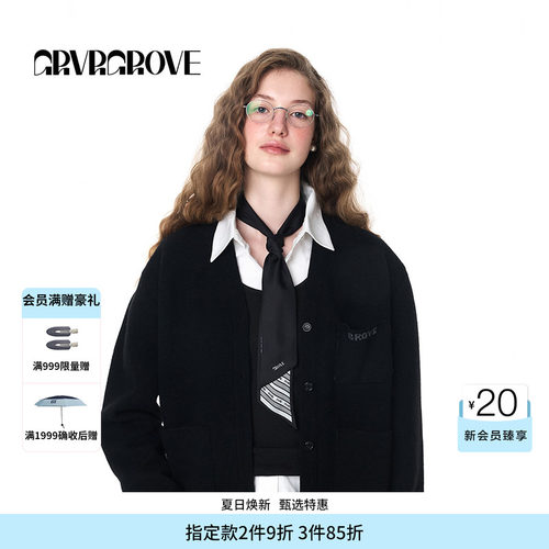 GROVE官方旗舰店女士秋季长袖logo字母刺绣毛织开衫外套 GF4CD02M