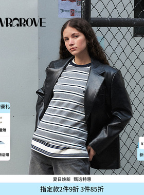 GROVE官方旗舰店PS春季款PU西装复古廓形外套女 GS5JK01M