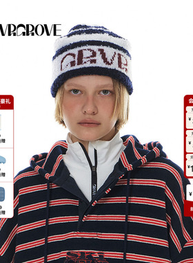 GROVE官方旗舰店女冬新款条纹字母LOGO毛织帽保暖复古撞色针织帽