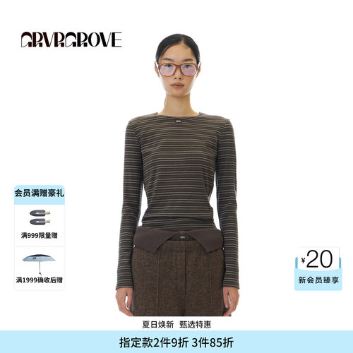 GROVE官方旗舰店 2025WT冬季款长袖圆领T恤条纹上装女 GCW5TS02