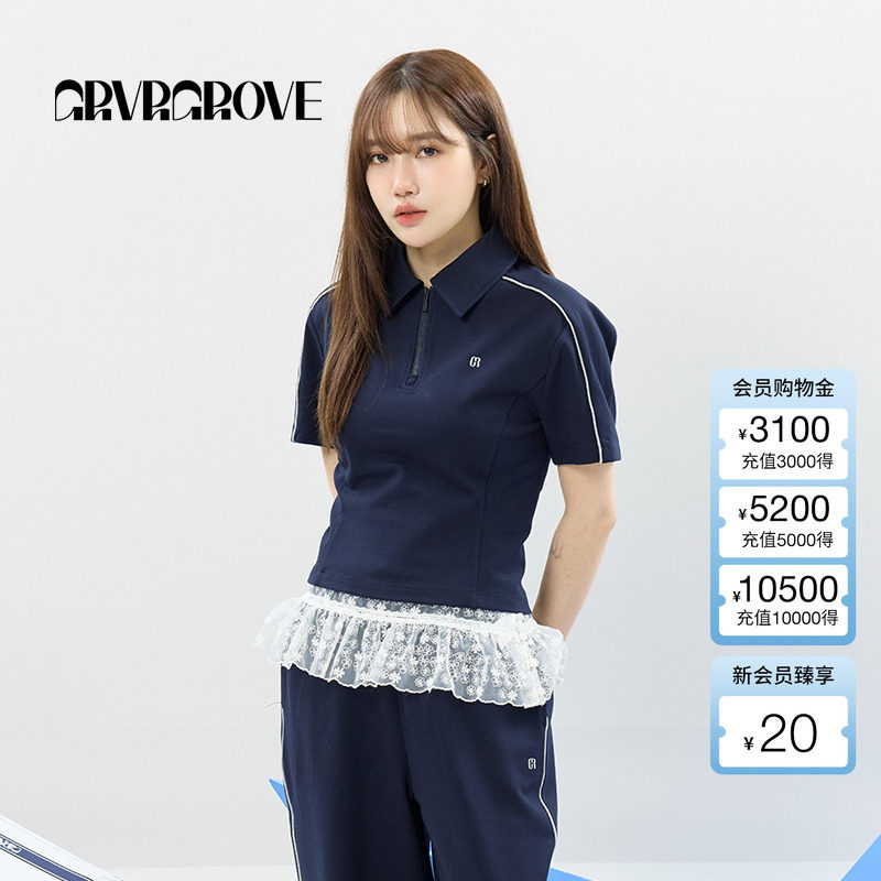 GROVE官方旗舰店2025SS春夏新款女士半拉链短袖POLO衫t恤GCM5TS02