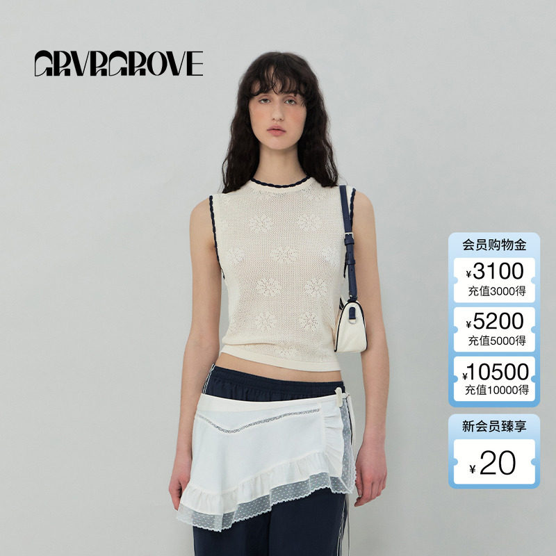 GROVE官方旗舰店2025SS春夏新款女士撞色圆领针织衫背心GS5KN16J