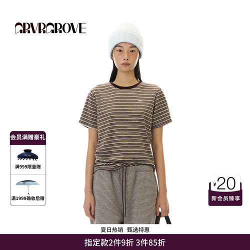 GRVR GROVE官方旗舰店 WT冬季款条纹短袖T恤圆领韩系女 GCW5TS01